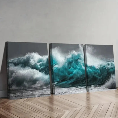 3pcs Massive Wave Crashing on The Shore Wall Art Set Canvas Framed 50x70cm - High Quality Print 100% Australian Made Wall Canvas Ready to Hang