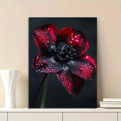 Elegant Black And Dark Red Floral Raindrops 40x60cm Metal Print Ready to Hang