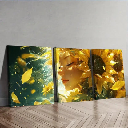 3pcs Sunflower Goddess Yellow Floral Perfect Wall Art Set Canvas Framed 60x90cm - High Quality Print 100% Australian Made Wall Canvas Ready to Hang