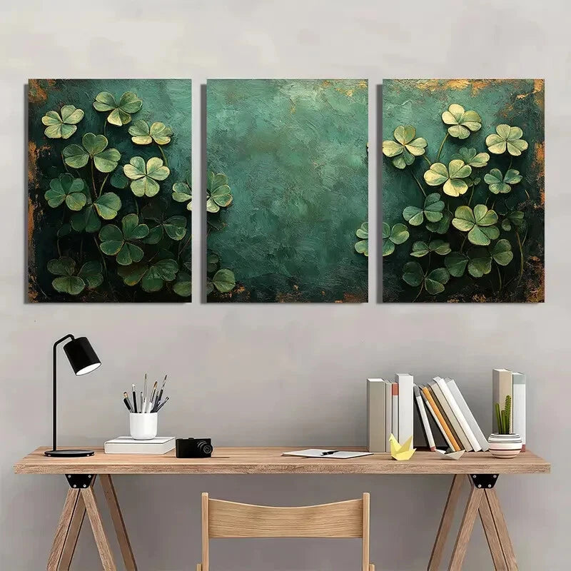3pcs Vibrant Green Shamrock Design Oil Painting Metal Print Ready to Hang Art