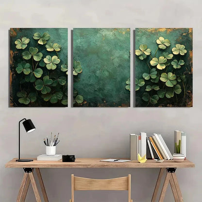 3pcs Vibrant Green Shamrock Design Oil Painting Metal Print Ready to Hang Art