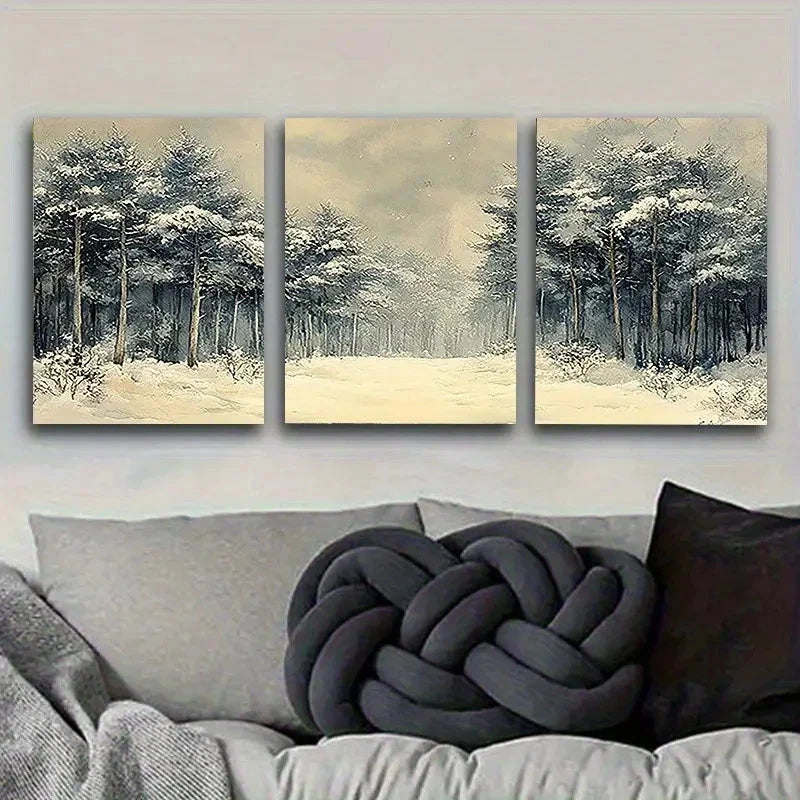3pcs Winter Pine Forest Snow Scene Wall Art Set Canvas Framed 50x70cm - High Quality Print 100% Australian Made Wall Canvas Ready to Hang