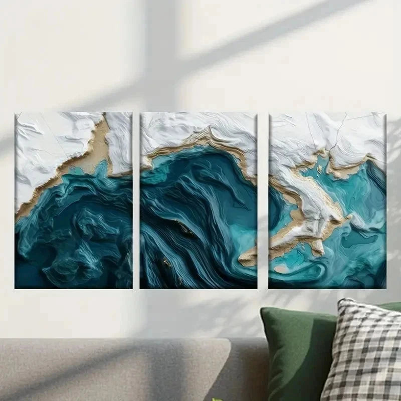 3pcs Blue and White Water Like Painting Wall Art Set Canvas Framed 40x60cm - High Quality Print 100% Australian Made Wall Canvas Ready to Hang