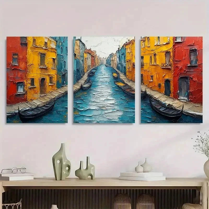 3pcs Gondolas Colorful Buildings Vibrant Perfect Wall Art Set Canvas Framed 60x90cm - High Quality Print 100% Australian Made Wall Canvas Ready to Hang