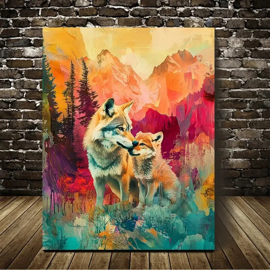 Abstract Art Scene With a Wolf Family In The Mountains  40x60cm Metal Print Ready to Hang