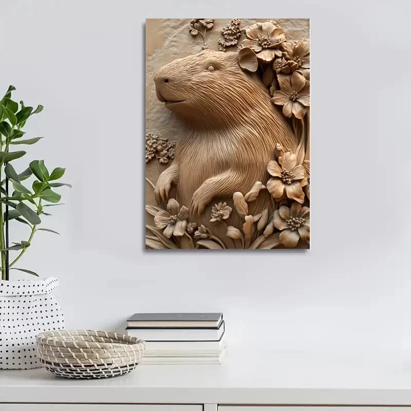 Serene Capybara Surrounded by Heart Painting  40x60cm Metal Print Ready to Hang