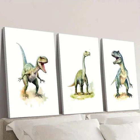 3pcs Tyrannosaurus Rex Velociraptor Illustration Wall Art Set Canvas Unframed - High Quality Print 100% Australian Made Wall Canvas