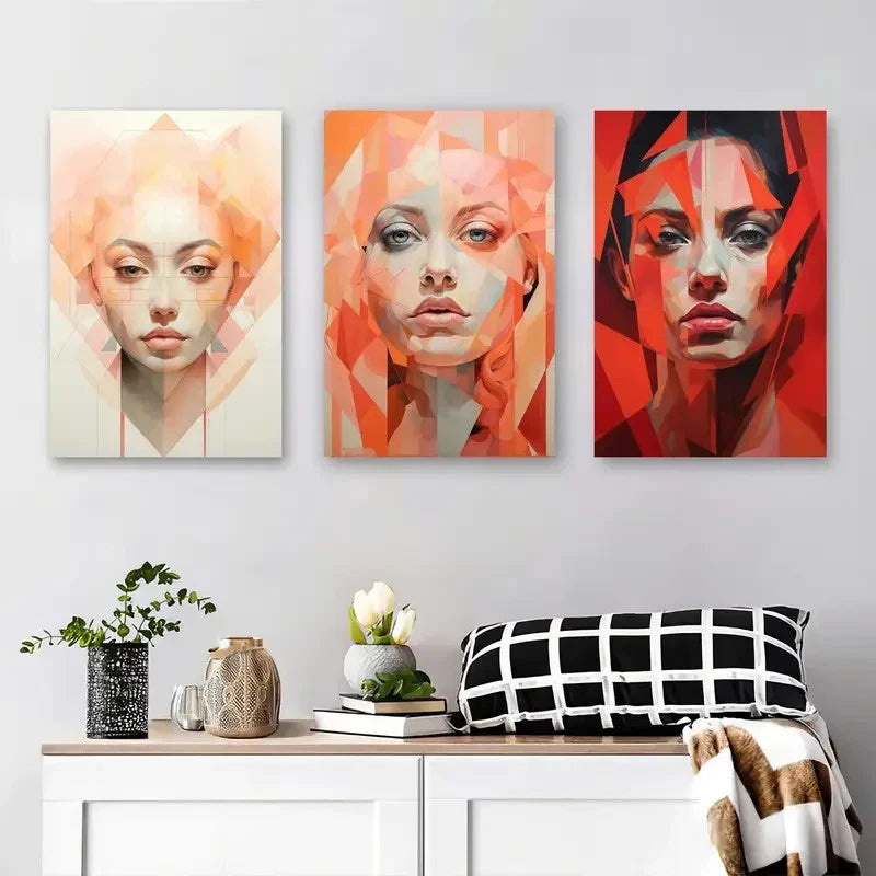 3pcs Portrait Vibrant Red and Orange Tones Metal Print Ready to Hang Art