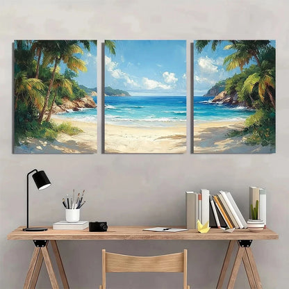 3pcs Tropical Sandy Beach View Greenery Scene Wall Art Set Canvas Framed 60x90cm - High Quality Print 100% Australian Made Wall Canvas Ready to Hang