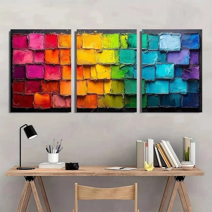 3pcs Abstract Color Grid Vibrant Metal Print Ready to Hang Art