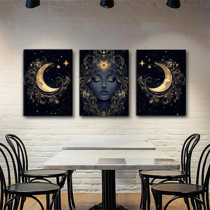 3pcs Mystical Moon Goddess Golden Lunar Perfect Wall Art Set Canvas Framed 50x70cm - High Quality Print 100% Australian Made Wall Canvas Ready to Hang