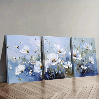 3pcs Soft White Flowers In Blue Wall Art Set Canvas Framed 50x70cm - High Quality Print 100% Australian Made Wall Canvas Ready to Hang