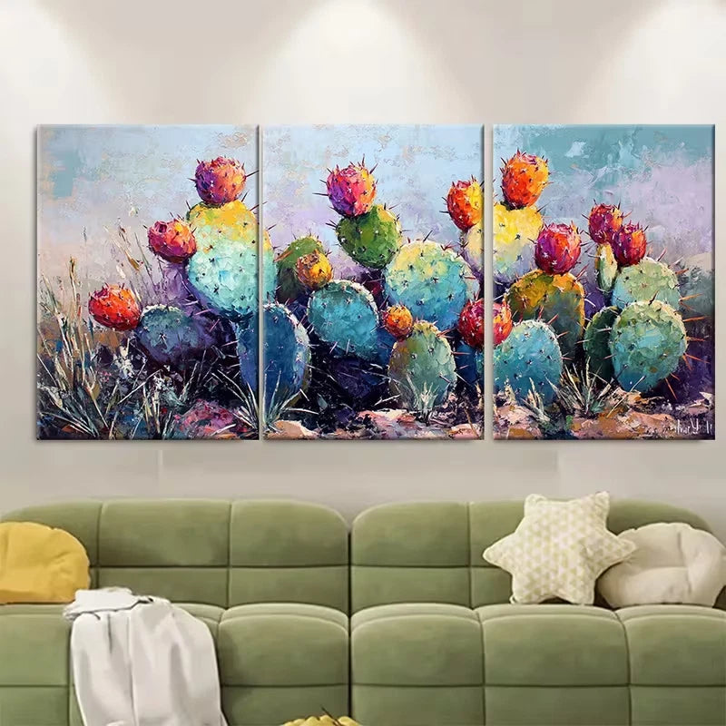3pcs Prickly Pear Cactus Painting Metal Print Ready to Hang Art