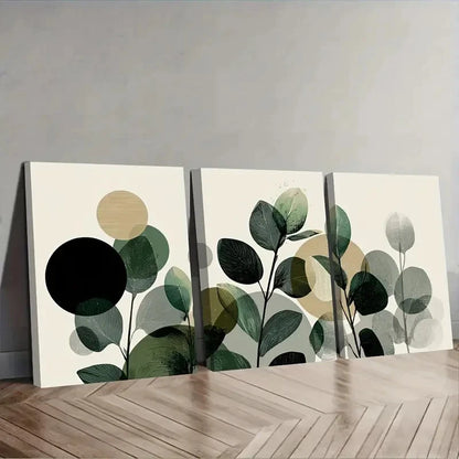 3pcs Green Leaves And Plants With Circles  Wall Art Set Canvas Framed 50x70cm - High Quality Print 100% Australian Made Wall Canvas Ready to Hang