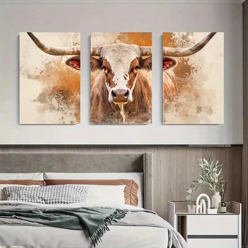 3pcs Rustic Longhorn Cow Décor Modern Perfect Wall Art Set Canvas Framed 40x60cm - High Quality Print 100% Australian Made Wall Canvas Ready to Hang