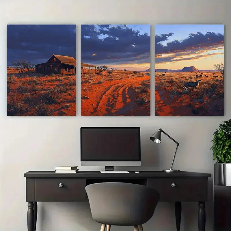 3pcs Australian Outback at Blue Hour, Red Sand Wall Art Set Canvas Framed 40x60cm - High Quality Print 100% Australian Made Wall Canvas Ready to Hang