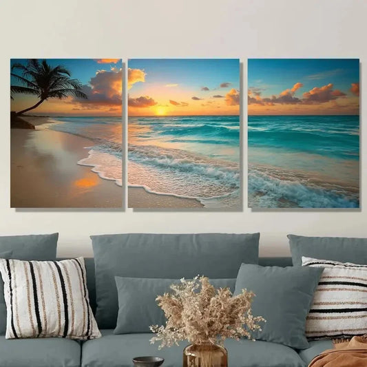 3pcs Beach Sunset Triptych Palm Trees Vibrant Sky Metal Print Ready to Hang Art