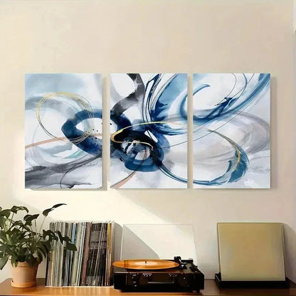 3pcs Modern Abstract Blue Golden Brush Wall Art Set Canvas Framed 40x60cm - High Quality Print 100% Australian Made Wall Canvas Ready to Hang