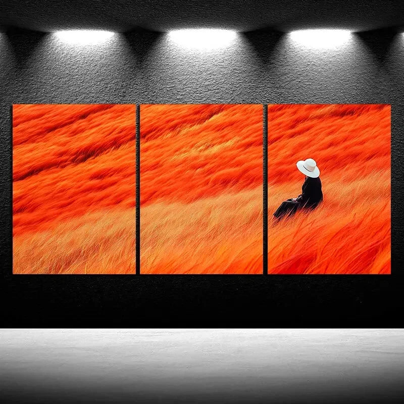 3pcs Person Wearing Straw Hat Is Sitting Grass Metal Print Ready to Hang Art