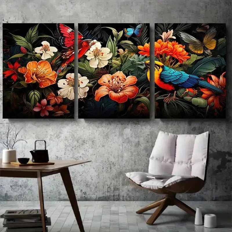 3pcs Tropical Birds and Flowers Nature Metal Print Ready to Hang Art