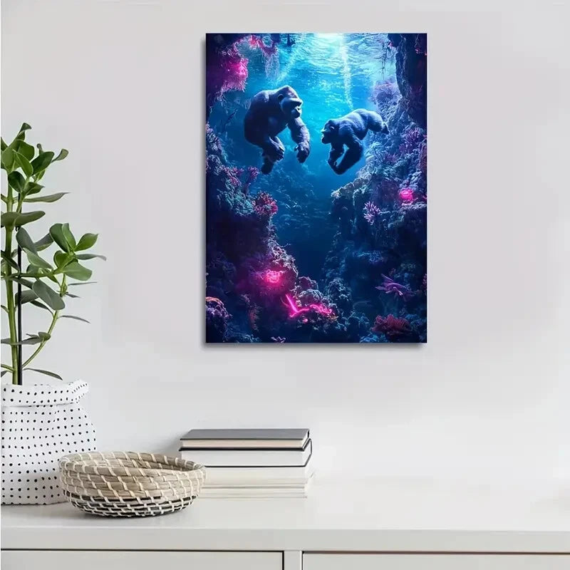 Realistic Gorillas Underwater In Neon Glow Painting 40x60cm Metal Print Ready to Hang