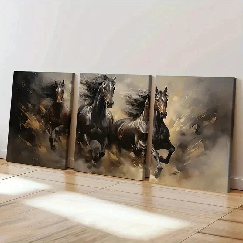 3pcs Galloping Horse Watercolor Style Wall Art Set Canvas Framed 40x60cm - High Quality Print 100% Australian Made Wall Canvas Ready to Hang