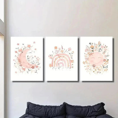 3pcs Moon Rainbow Sun Full of Flowers Wall Art Set Canvas Framed 50x70cm - High Quality Print 100% Australian Made Wall Canvas Ready to Hang