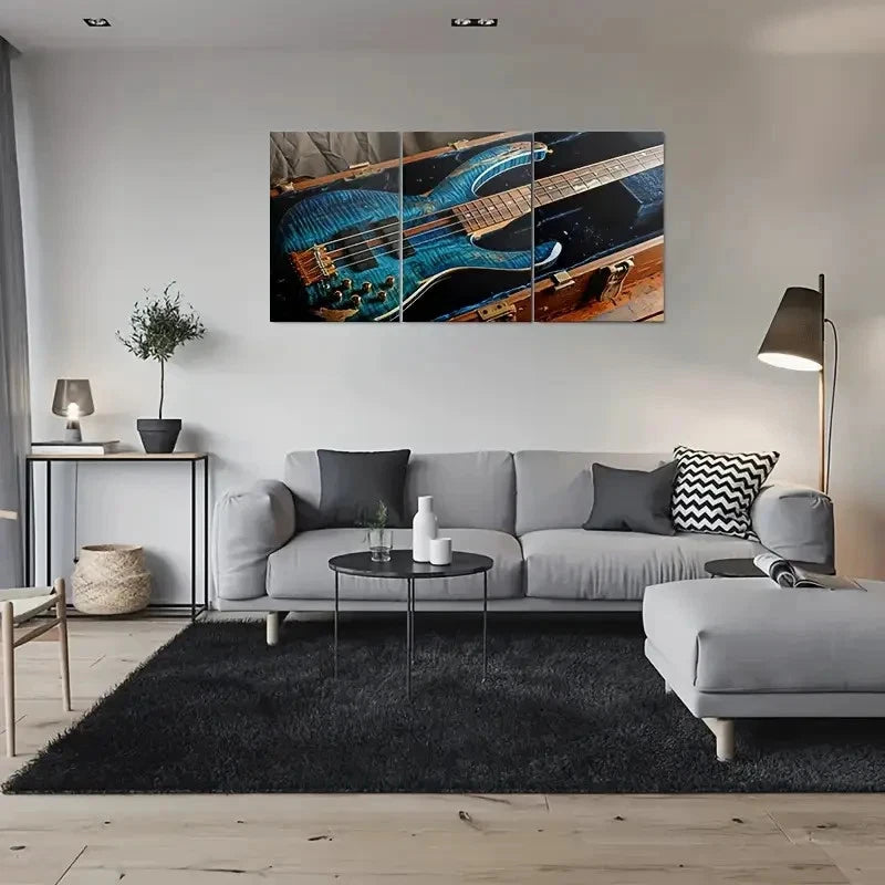 3pcs Shiny Blue Electric Guitar in Case Metal Print Ready to Hang Art