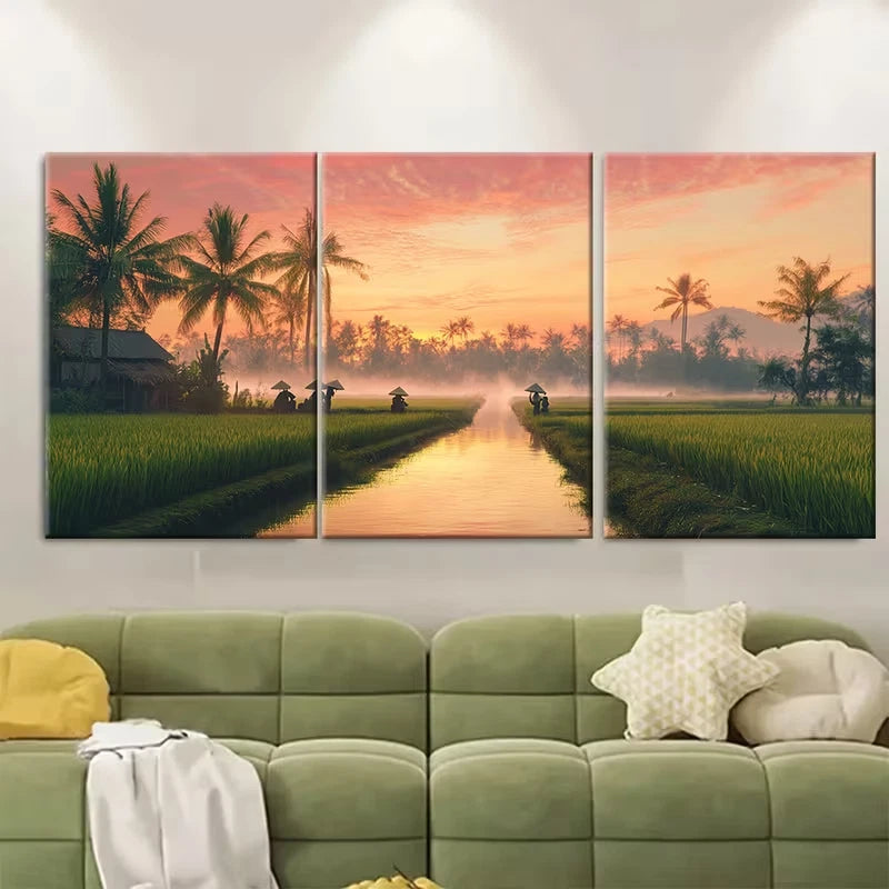 3pcs Vietnamese Countryside at Dawn Metal Print Ready to Hang Art