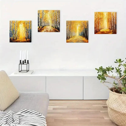 4pcs Autumn Forest Sunshine Print Wall Art Canvas Framed