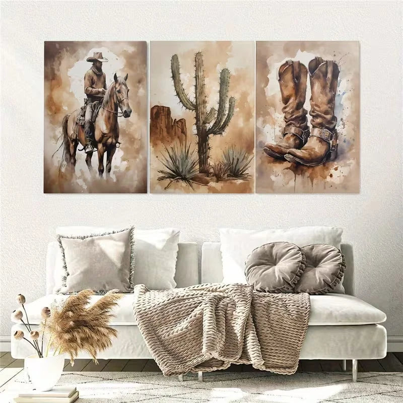 3pcs Vintage Cowboy Painting Wall Art Set Canvas Framed 40x60cm – High Quality Print, 100% Australian Made, Ready to Hang