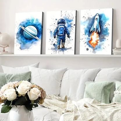 3pcs Modern Cosmic Art Space Rocket Blue & Fire Wall Art Set Canvas Framed 40x60cm - High Quality Print 100% Australian Made Wall Canvas Ready to Hang