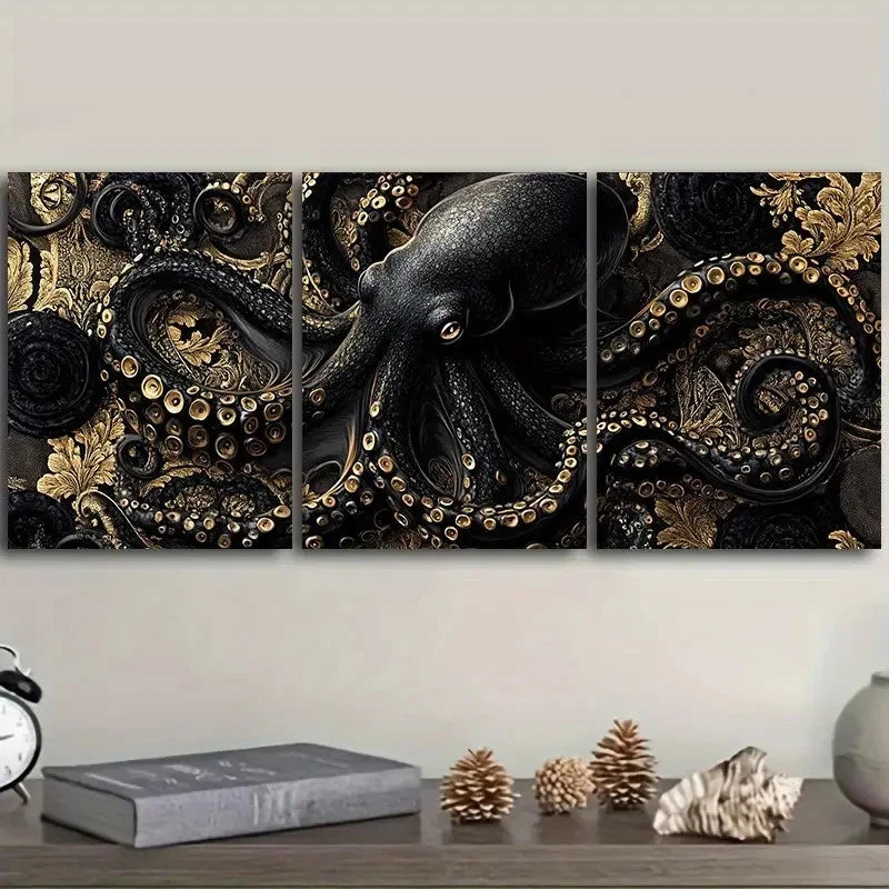 3pcs An Ornate Black And Gold Octopus Painting Wall Art Set Canvas Framed 40x60cm - High Quality Print 100% Australian Made Wall Canvas Ready to Hang