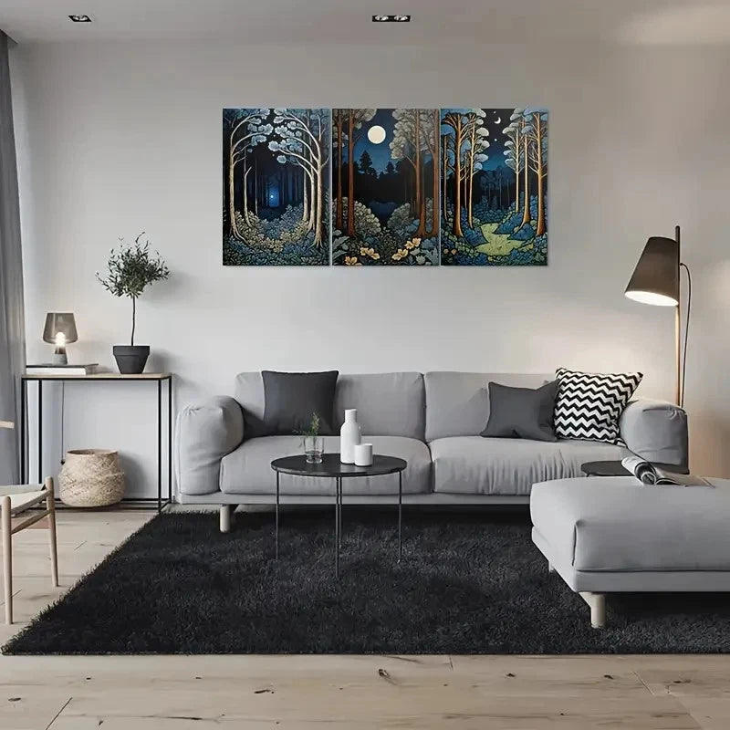 3pcs Enchanted Forest Night Moonlit Trees Metal Print Ready to Hang Art