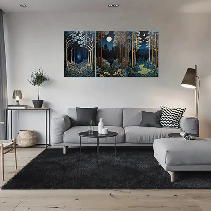 3pcs Enchanted Forest Night Moonlit Trees Metal Print Ready to Hang Art