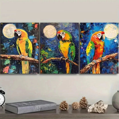 3pcs Colorful Parrot Trio Nature Moon Metal Print Ready to Hang Art
