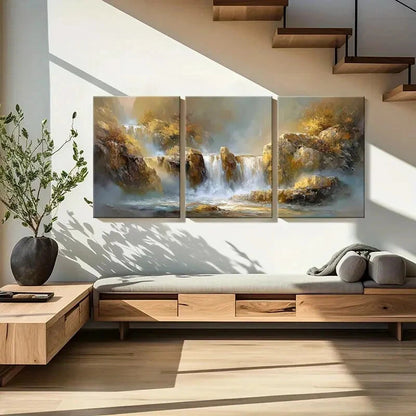 3pcs Waterfall Landscape Abstract Golden Rocks Art Metal Print Ready to Hang Art