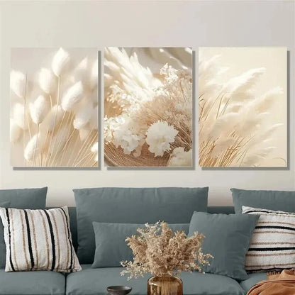 3pcs Grass Beige Botanical & White Dried Flower Wall Art Set Canvas Framed 40x60cm - High Quality Print 100% Australian Made Wall Canvas Ready to Hang