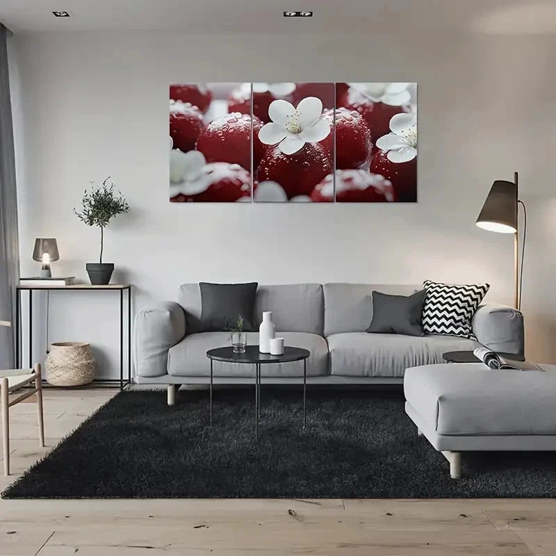 3pcs Red Berries with White Flowers Metal Print Ready to Hang Art