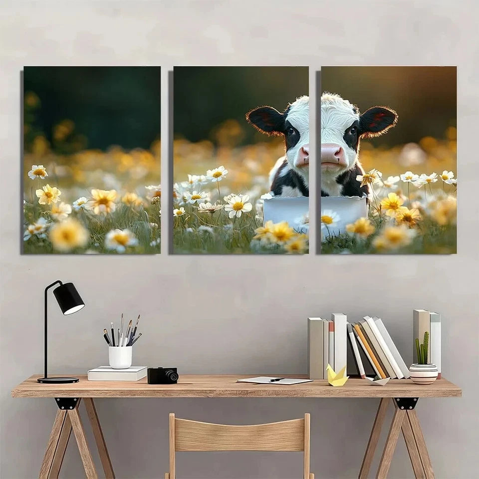 3pcs Cute Black & White Land Whimsical Cow Metal Print Ready to Hang Art