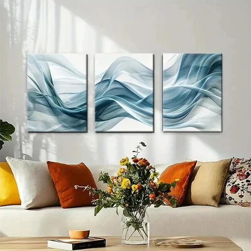 3pcs Abstract Wave Flowing Blue White Wall Art Canvas Unframed - High Quality Print 100% Australian Made Wall Canvas