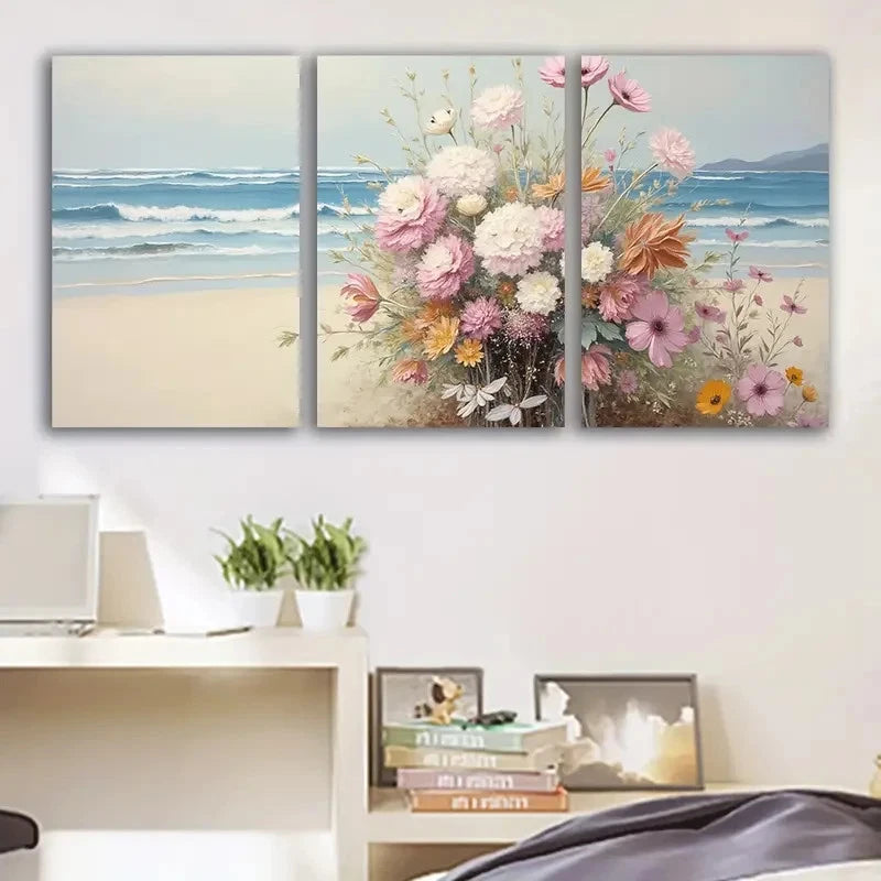 3pcs Beach Flowers Serene Ocean & Sandy Shorelin Wall Art Set Canvas Framed 40x60cm - High Quality Print 100% Australian Made Wall Canvas Ready to Hang