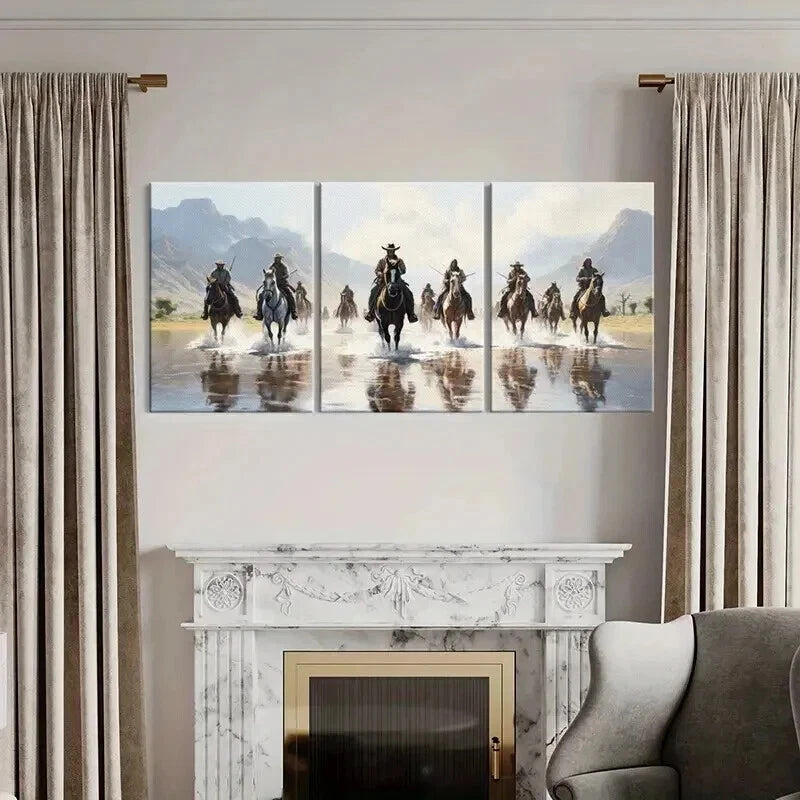 3pcs Western American Cowboys Riding Horses Wall Art Set Canvas Framed 40x60cm - High Quality Print 100% Australian Made Wall Canvas Ready to Hang