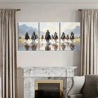 3pcs Western American Cowboys Riding Horses Wall Art Set Canvas Framed 40x60cm - High Quality Print 100% Australian Made Wall Canvas Ready to Hang