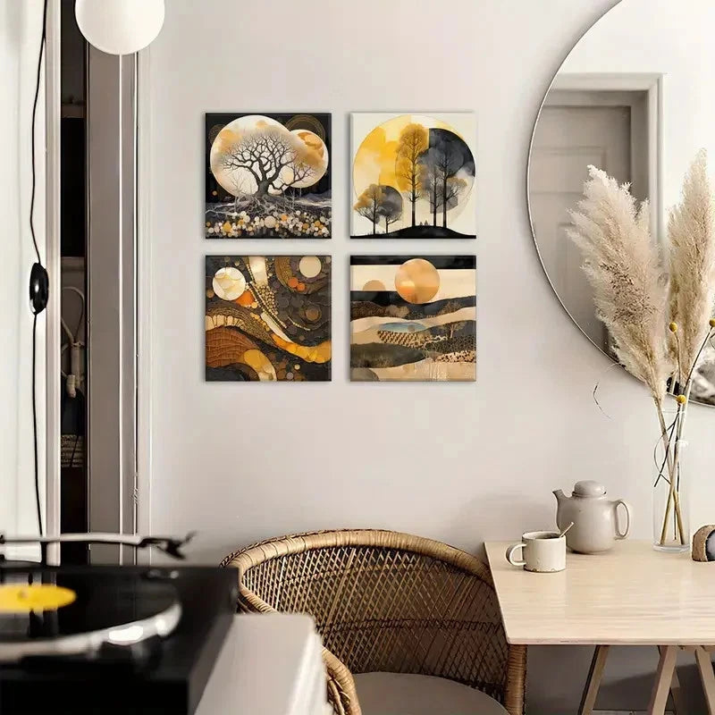 4pcs Beige Geometric  Wall Art Canvas Framed