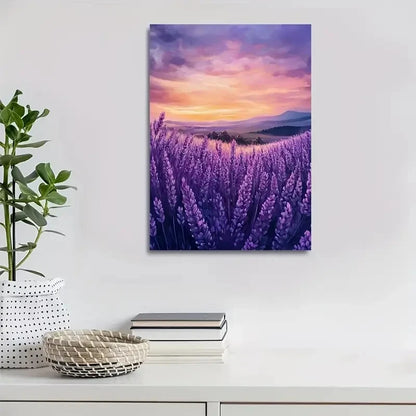 Vibrant Sunset Landscape with Purple Flowers Painting 40x60cm Metal Print Ready to Hang