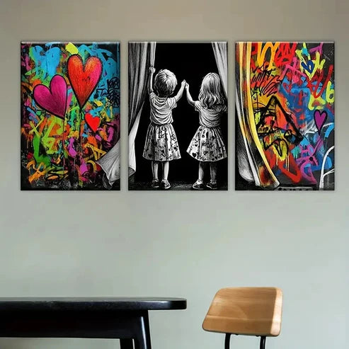 3pcs two girls looking out of window Wall Art Set Canvas Unframed - High Quality Print 100% Australian Made Wall Canvas - Bella Home Decor