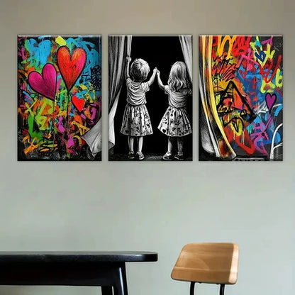 3pcs two girls looking out of window Wall Art Set Canvas Unframed - High Quality Print 100% Australian Made Wall Canvas - Bella Home Decor