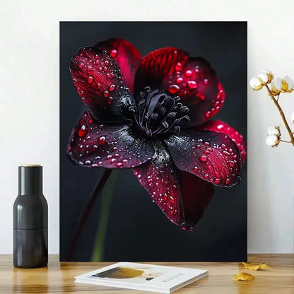 Elegant Black And Dark Red Floral Raindrops 40x60cm Metal Print Ready to Hang