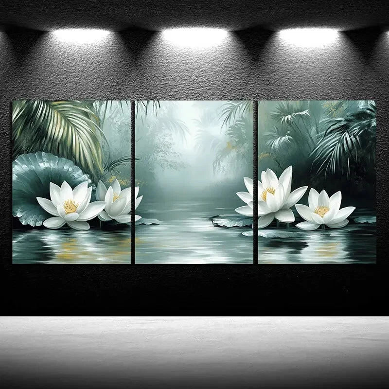 3pcs Lotus & Lotus Leaves In The Water Metal Print Ready to Hang Art